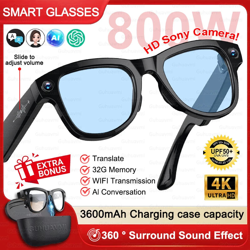 3600mAh Large Battery Smart Glasses 8MP HD Camera Video Recording Sunglasses Men
