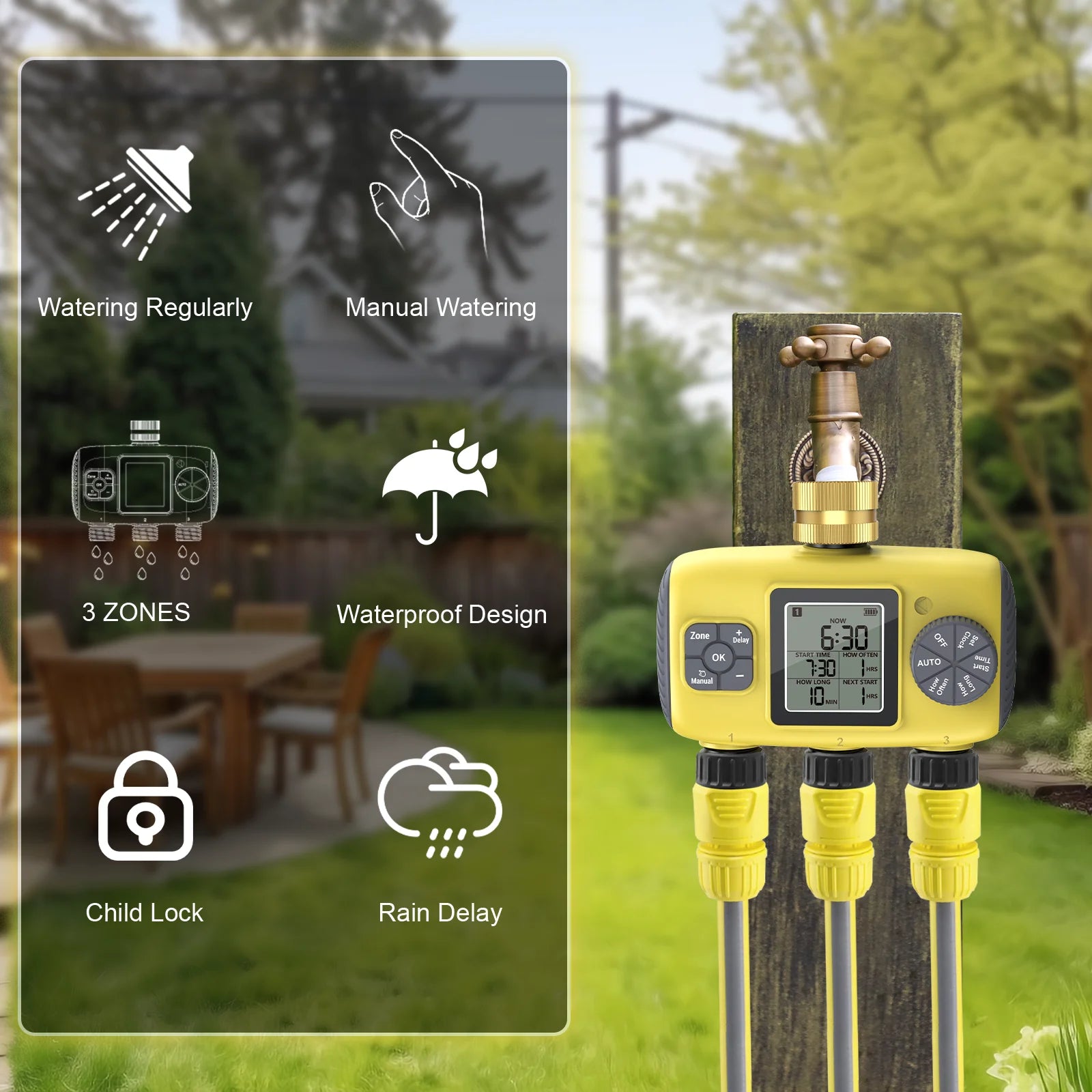 Insoma 3-Outlet Independent Control Automatic Water Timer Garden Irrigation Watering System Independent Control