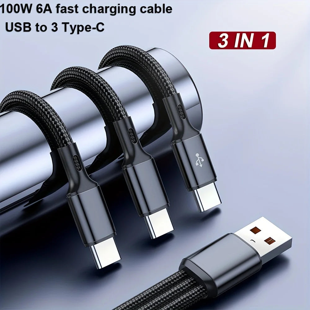 100W 6A 3 In 1 Fast USB To Type USB C Charge Cables