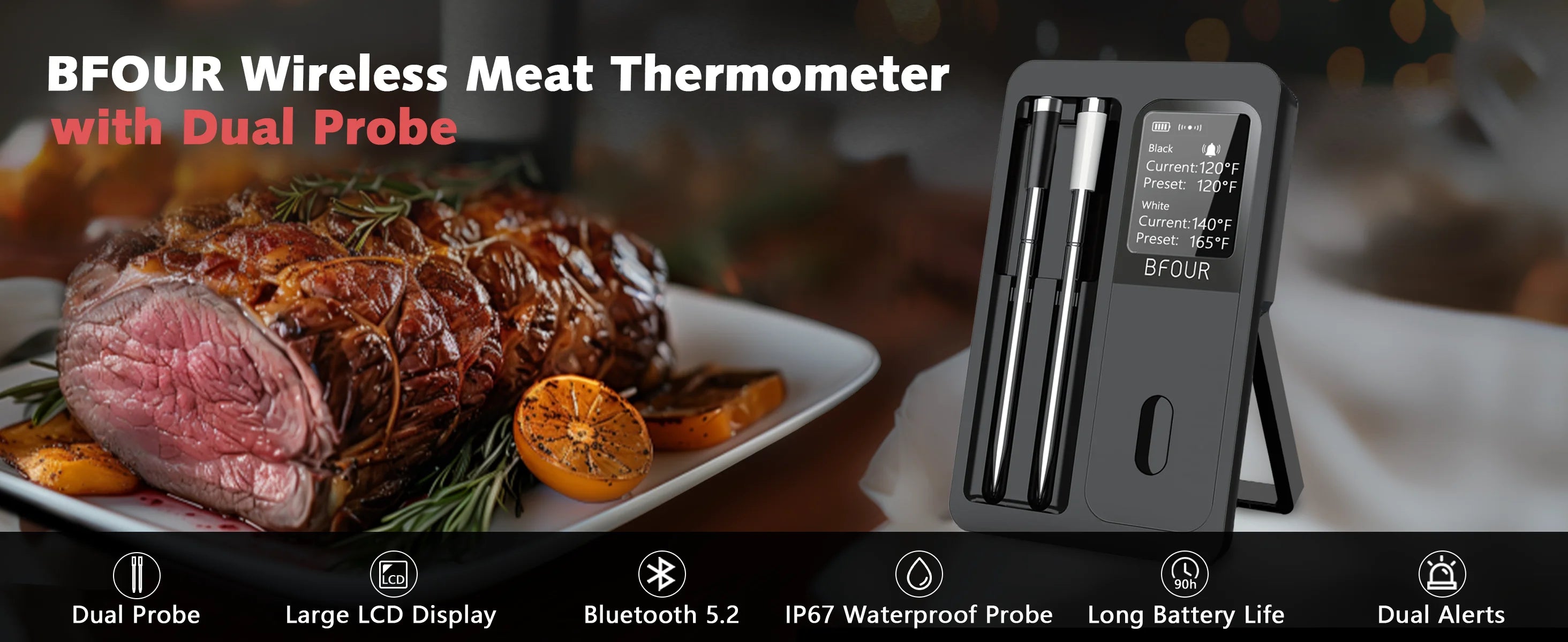 Rechargeable Wireless Bluetooth Meat Thermometer IP67 Waterproof Probes with LCD Screen Booster