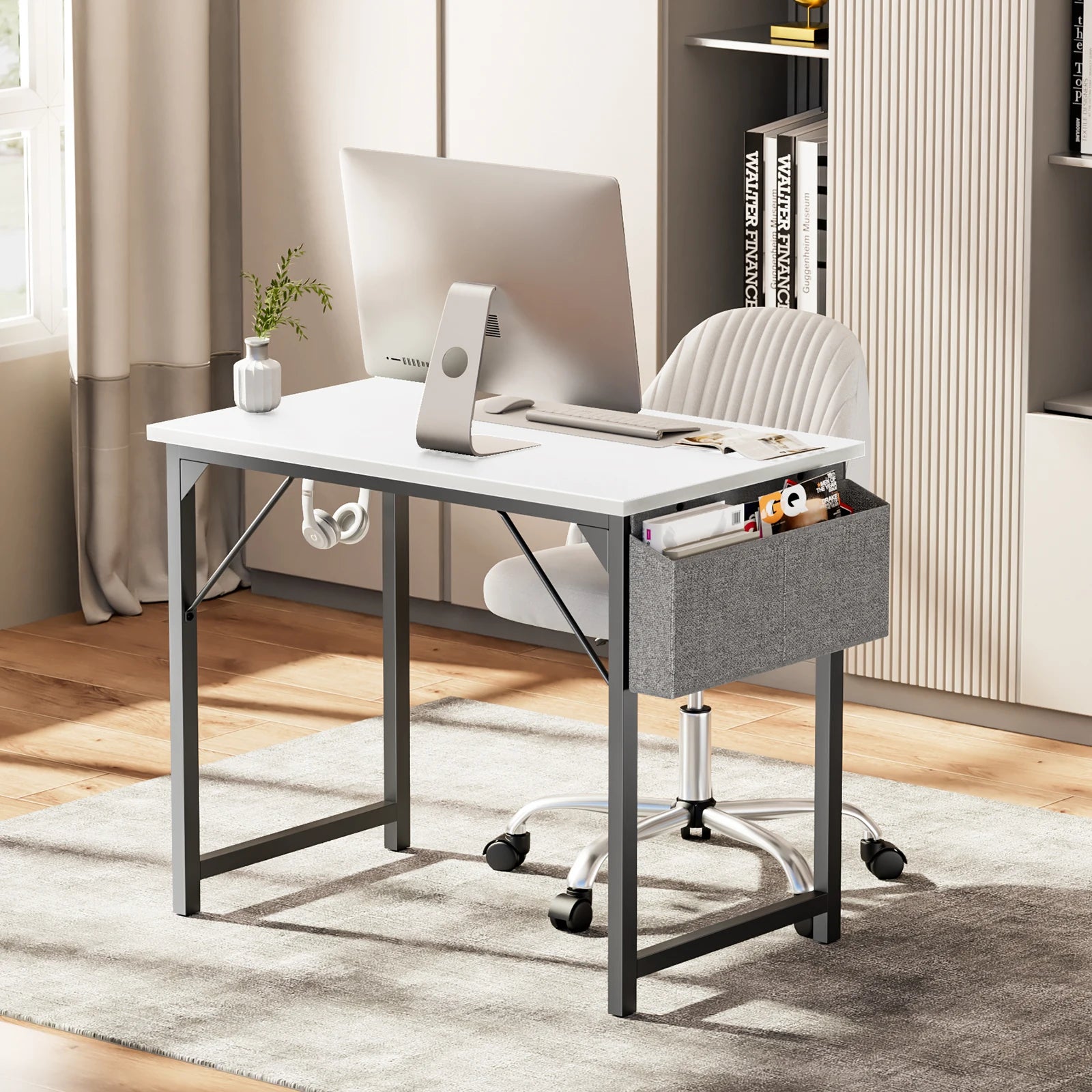 JHK Compact Computer Desk with Side Bag & Headphone Hook