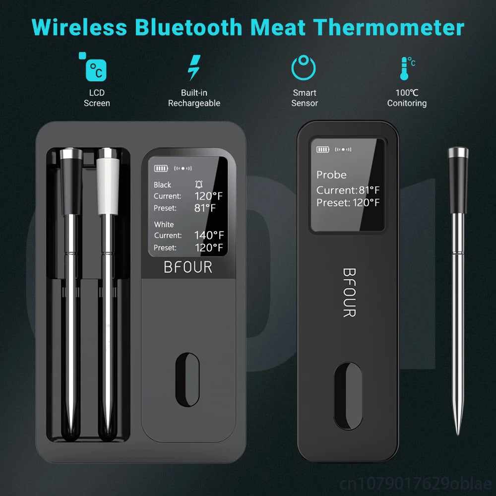 Rechargeable Wireless Bluetooth Meat Thermometer IP67 Waterproof Probes with LCD Screen Booster