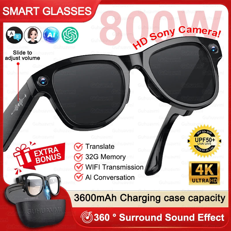 3600mAh Large Battery Smart Glasses 8MP HD Camera Video Recording Sunglasses Men