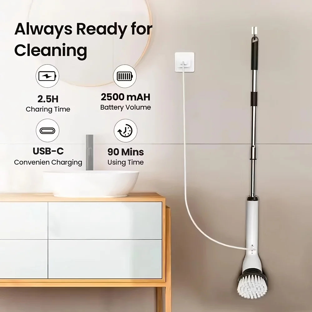 9-in-1 USB Rechargeable Electric Telescopic Handle Cleaning Brush 8 Brush Heads Multi-Surface Cleaner