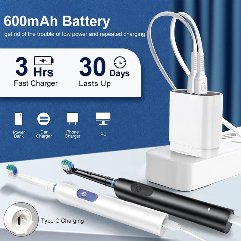 Electric Rechargeable Rotary Toothbrush with 8 Soft Brush Heads