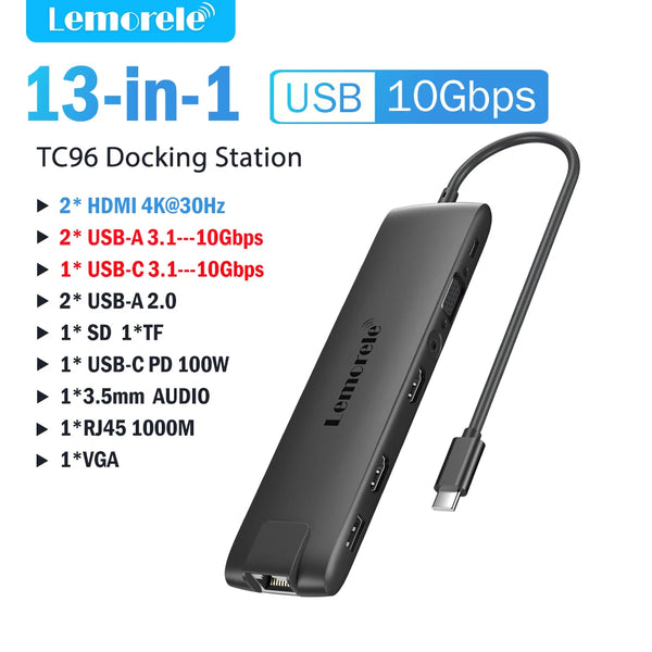 TC96 USB 3.1 Docking Station with Dual HDMI 4K, VGA, Ethernet, and USB-C