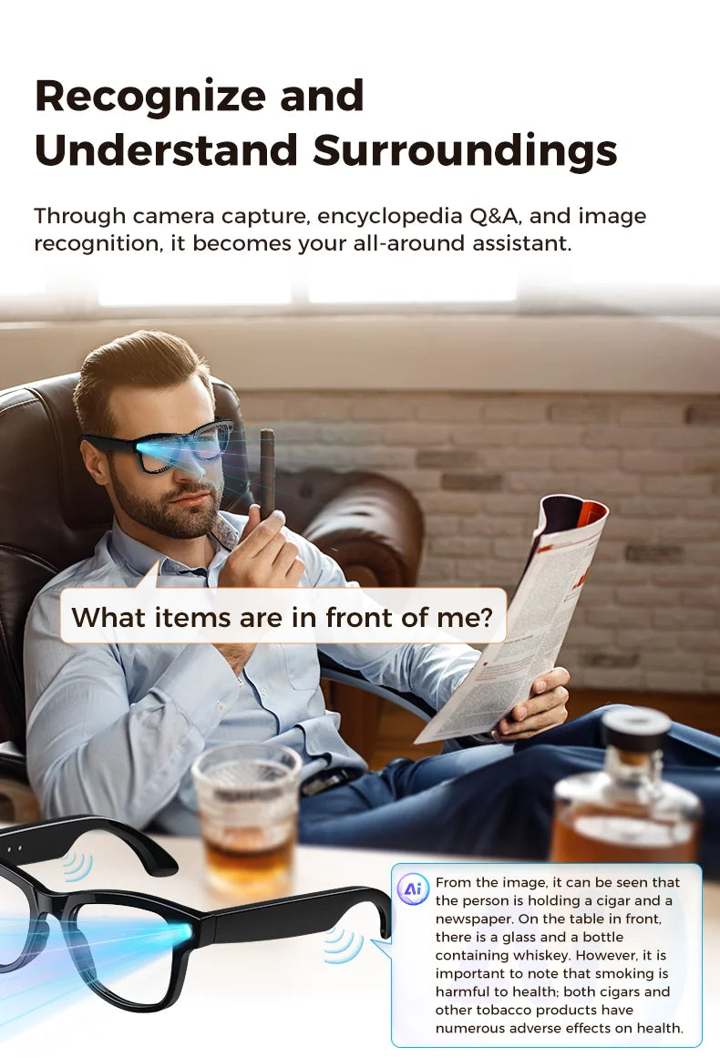 3600mAh Large Battery Smart Glasses 8MP HD Camera Video Recording Sunglasses Men