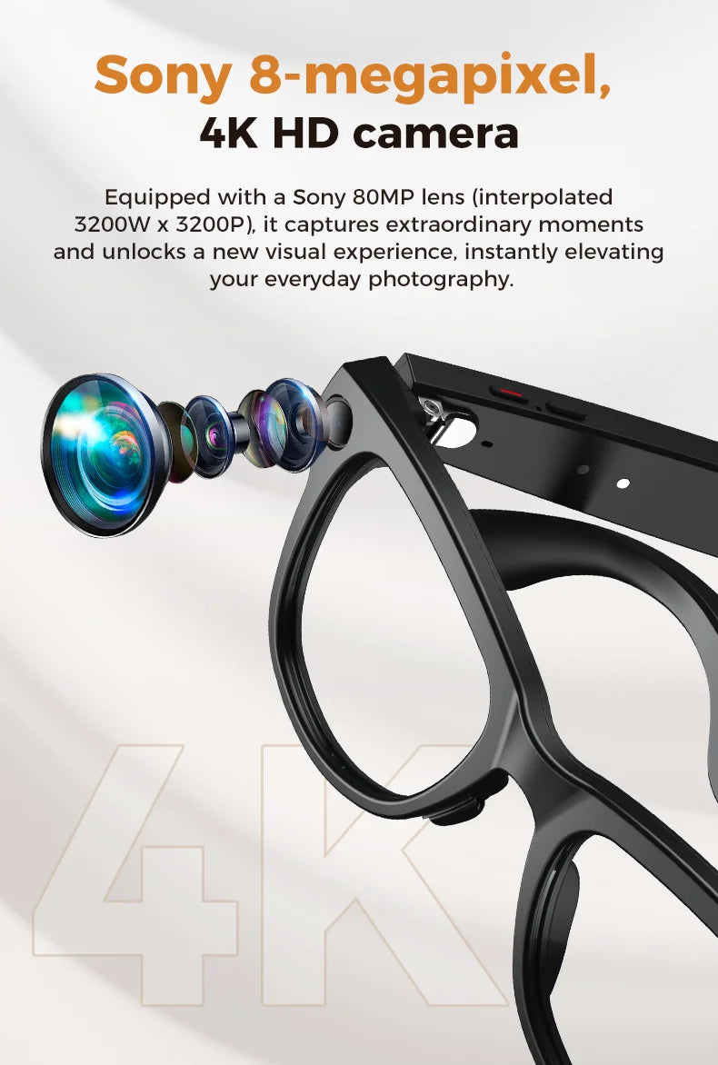 3600mAh Large Battery Smart Glasses 8MP HD Camera Video Recording Sunglasses Men
