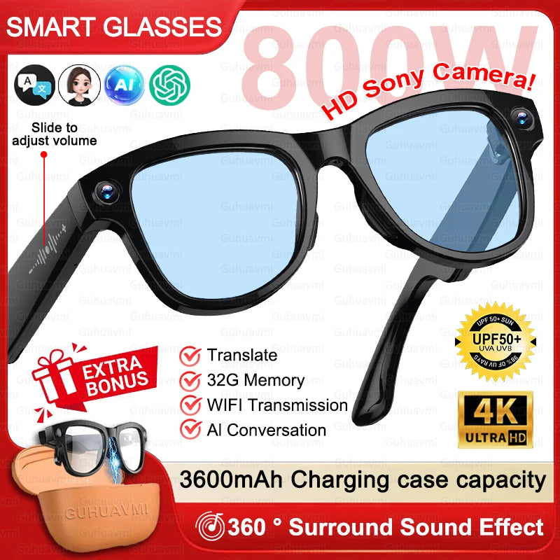 3600mAh Large Battery Smart Glasses 8MP HD Camera Video Recording Sunglasses Men