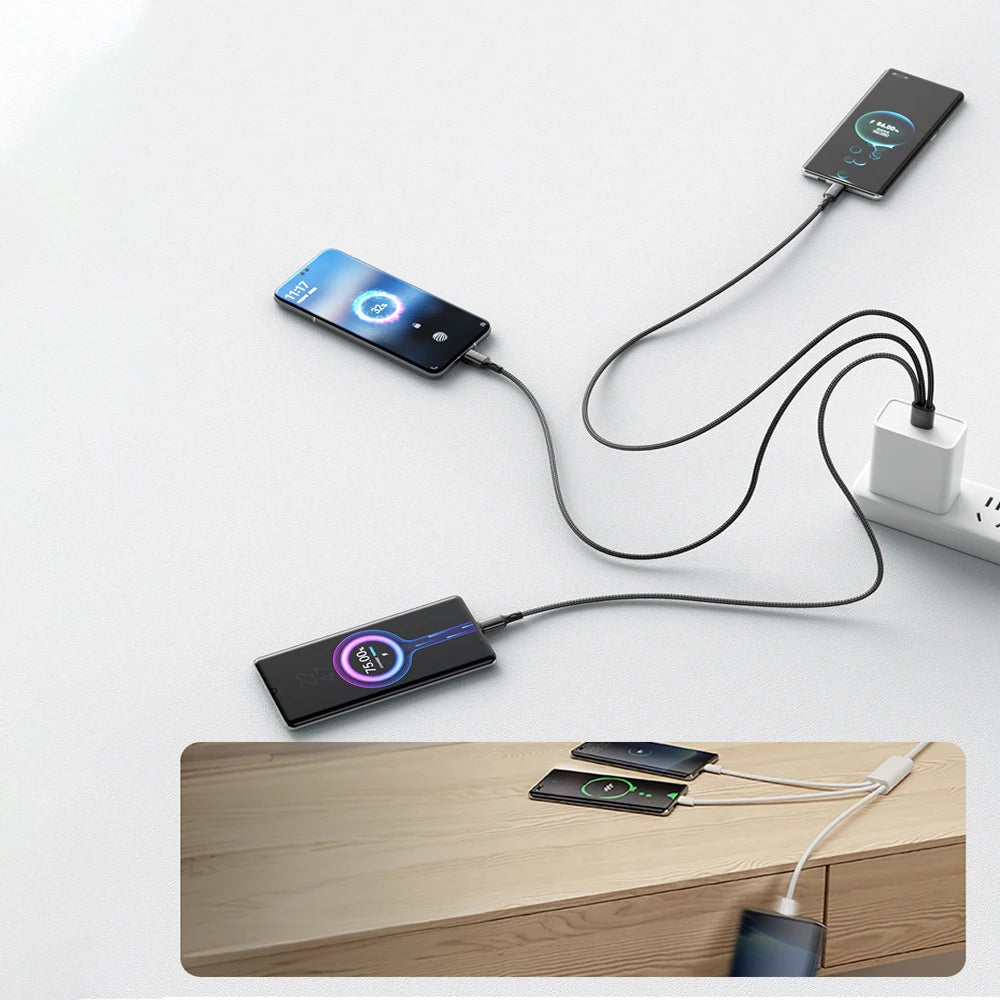 100W 6A 3 In 1 Fast USB To Type USB C Charge Cables