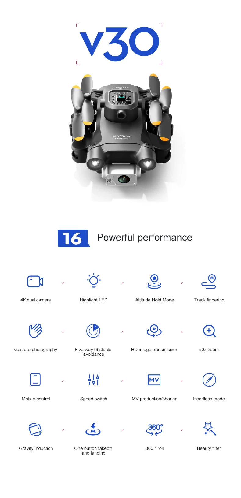 4D-V30 Mini Drone with HD 4K or 1080P Camera Five-sided Obstacle Avoidance Quadcopter