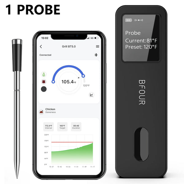 Rechargeable Wireless Bluetooth Meat Thermometer IP67 Waterproof Probes with LCD Screen Booster