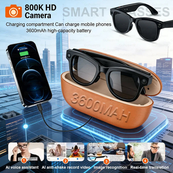 3600mAh Large Battery Smart Glasses 8MP HD Camera Video Recording Sunglasses Men