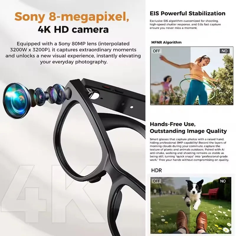 3600mAh Large Battery Smart Glasses 8MP HD Camera Video Recording Sunglasses Men