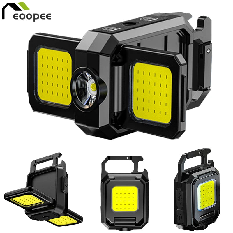 Rechargeable Super Bright Keychain Flashlight With 90° Foldable Side Lights