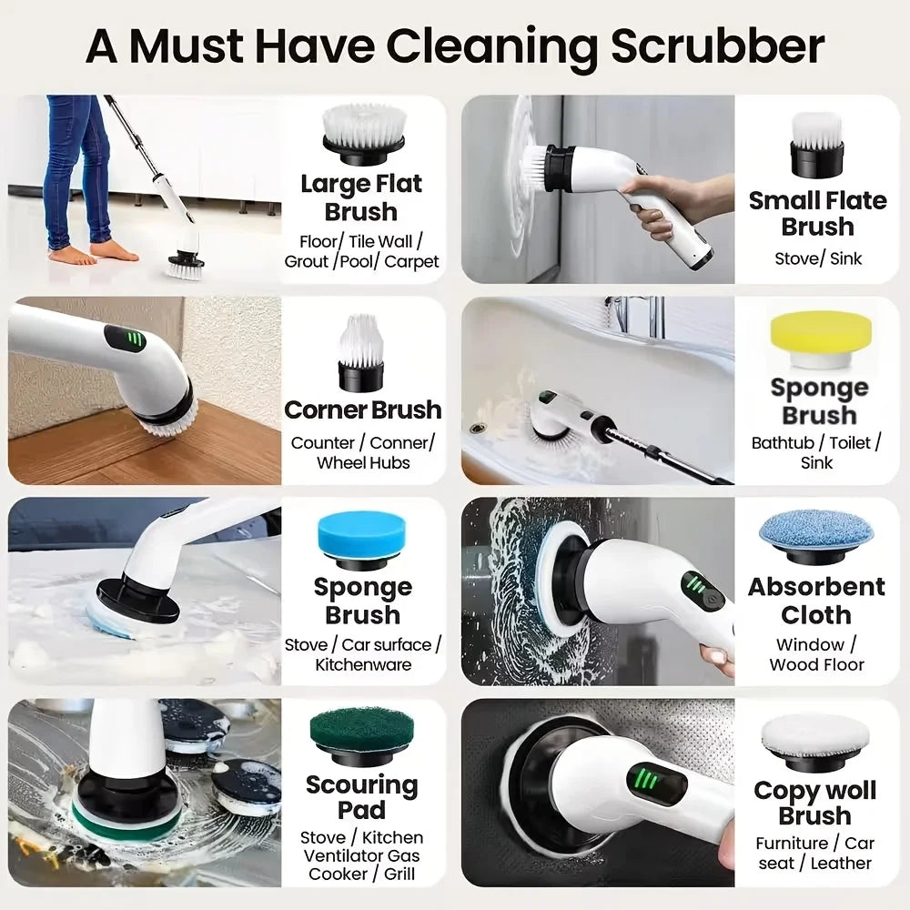 9-in-1 USB Rechargeable Electric Telescopic Handle Cleaning Brush 8 Brush Heads Multi-Surface Cleaner