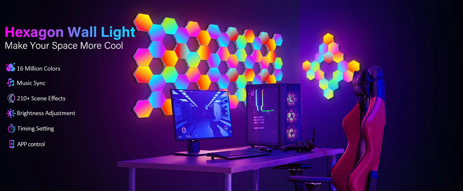 RGB Smart Hexagonal Color changing Ambient Night Light Music Rhythm Wall Lamp