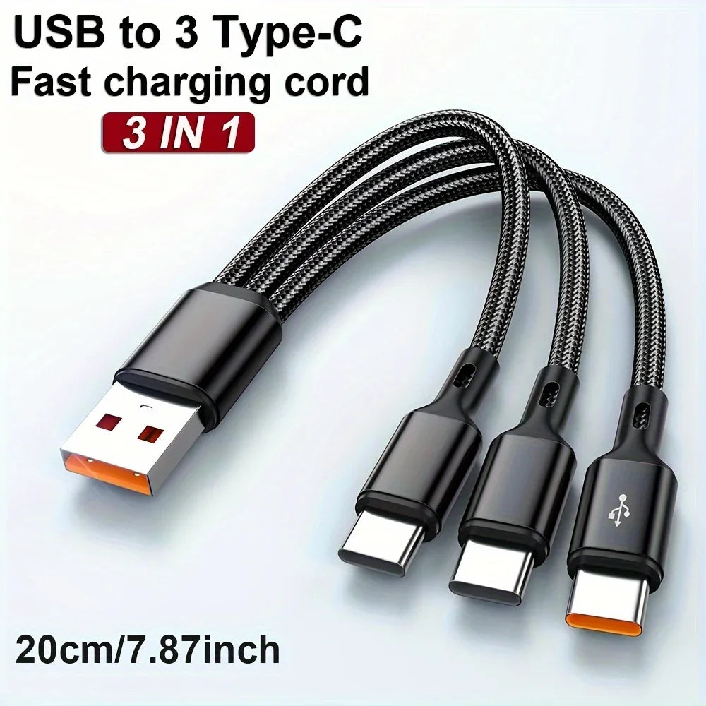 100W 6A 3 In 1 Fast USB To Type USB C Charge Cables