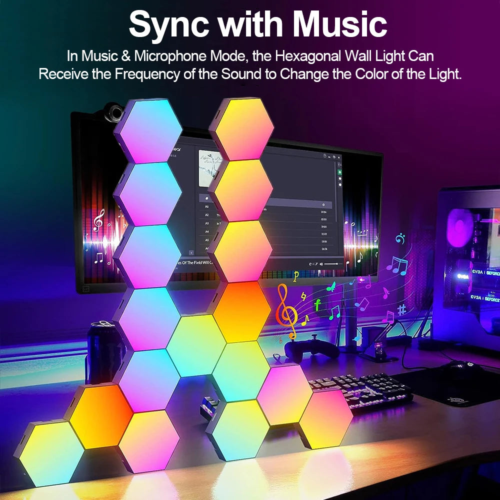 RGB Smart Hexagonal Color changing Ambient Night Light Music Rhythm Wall Lamp