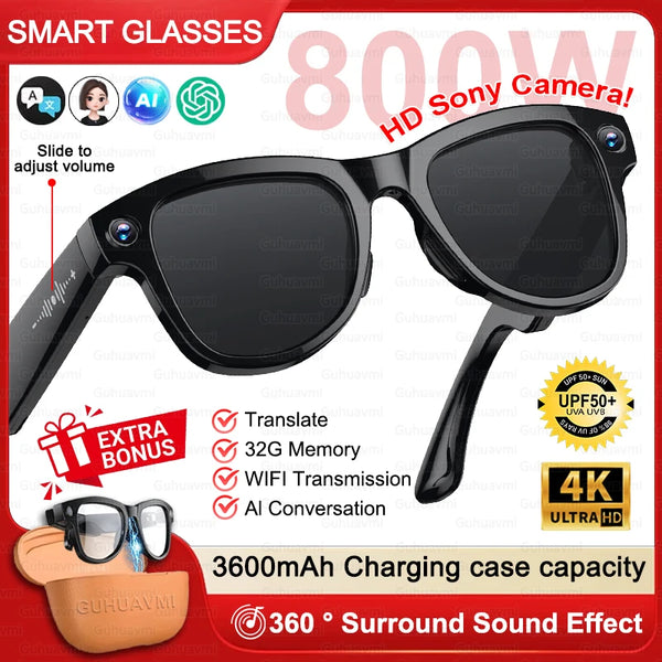 3600mAh Large Battery Smart Glasses 8MP HD Camera Video Recording Sunglasses Men