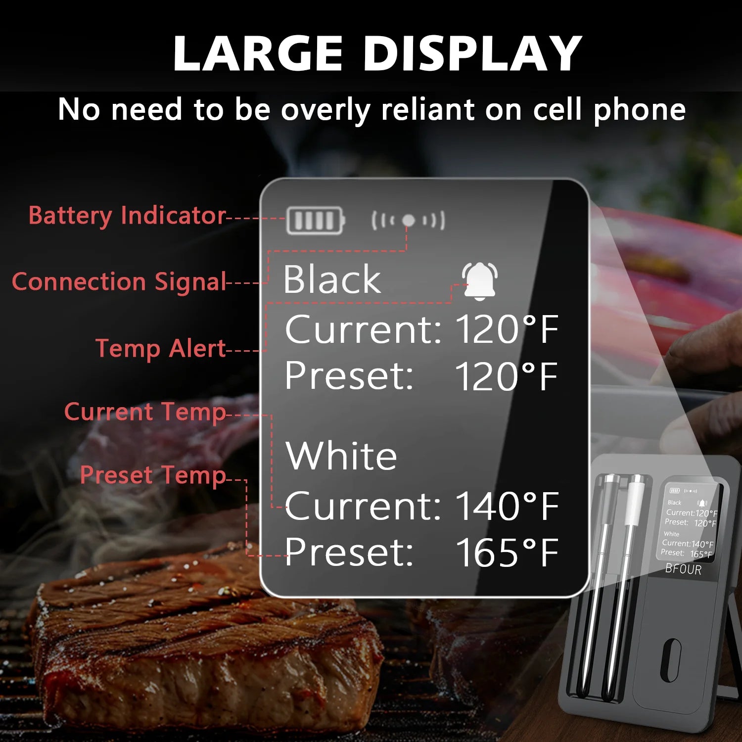 Rechargeable Wireless Bluetooth Meat Thermometer IP67 Waterproof Probes with LCD Screen Booster