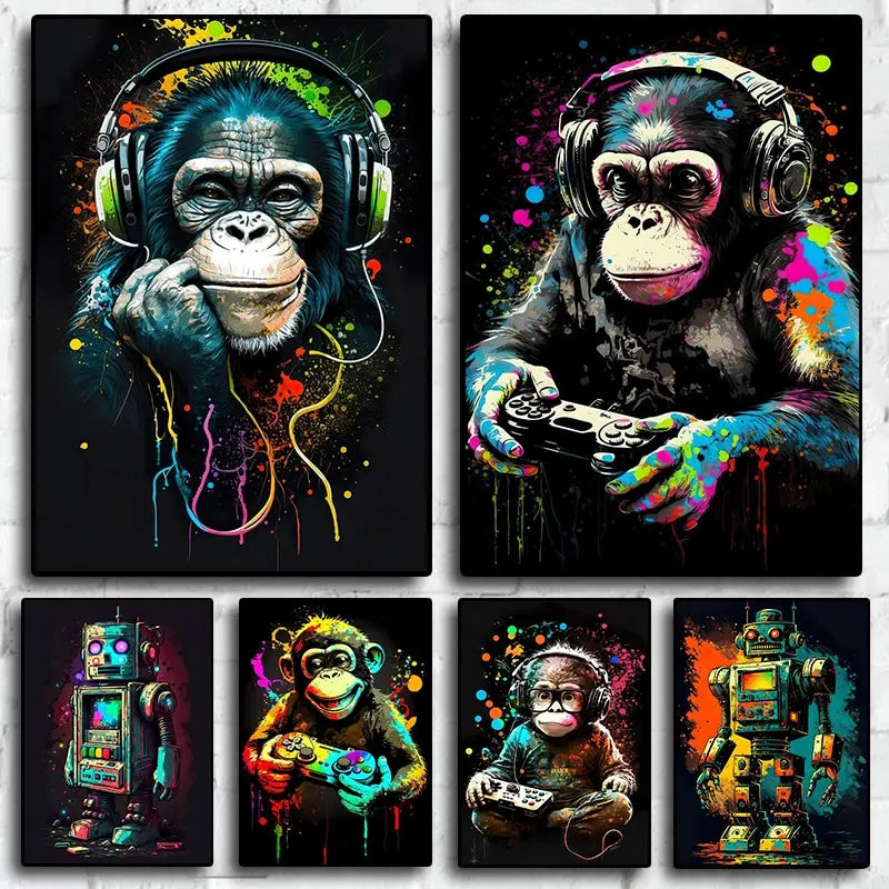 Retro Funny Monkey Gamer Canvas Print