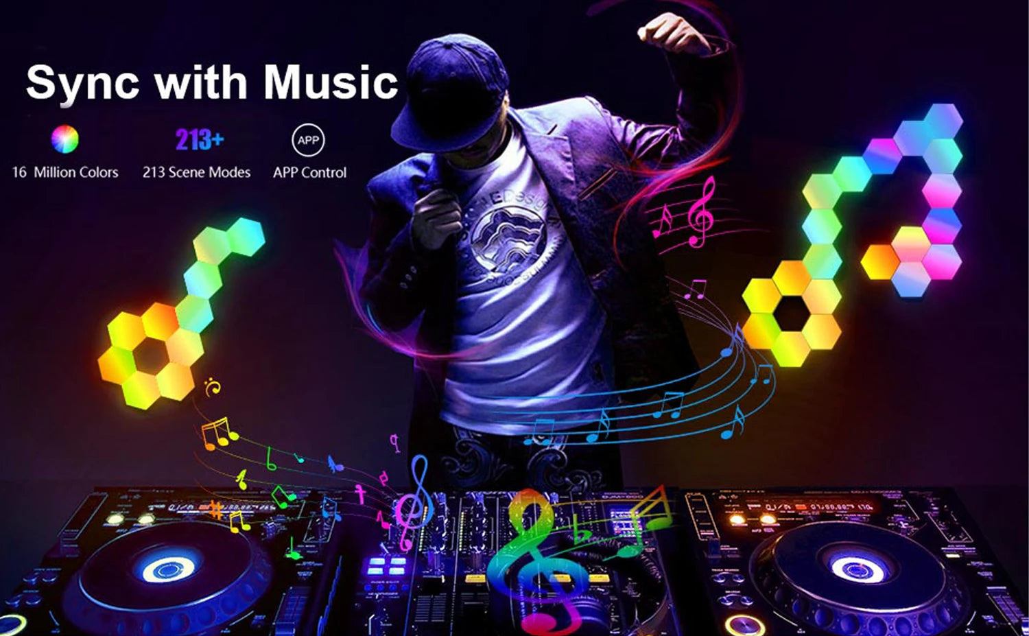 RGB Smart Hexagonal Color changing Ambient Night Light Music Rhythm Wall Lamp