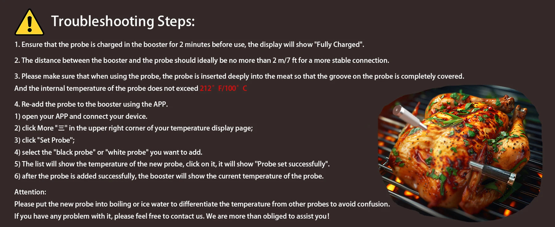 Rechargeable Wireless Bluetooth Meat Thermometer IP67 Waterproof Probes with LCD Screen Booster