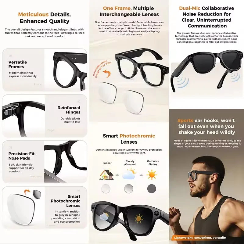 3600mAh Large Battery Smart Glasses 8MP HD Camera Video Recording Sunglasses Men