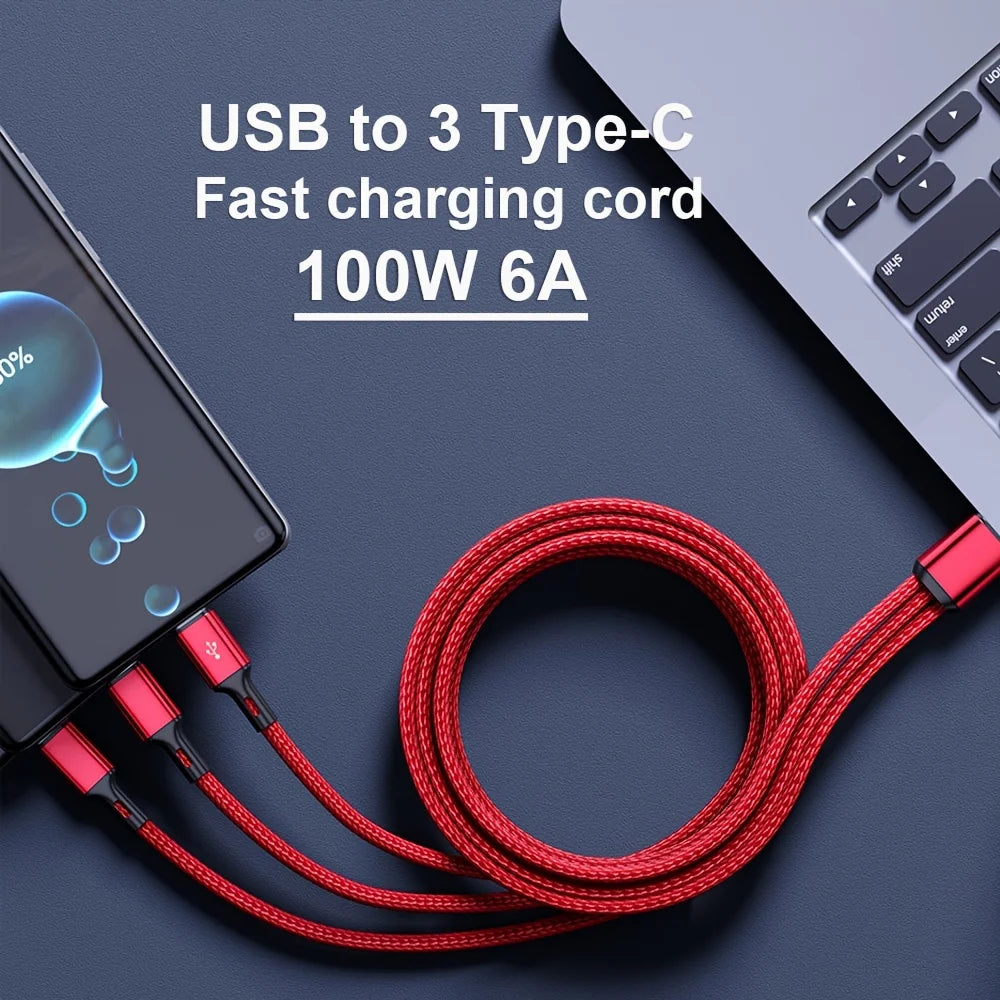 100W 6A 3 In 1 Fast USB To Type USB C Charge Cables
